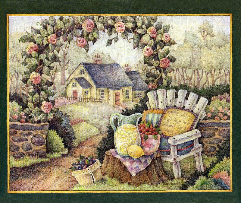 Garden Bench, house, benchpillows, fruits, home, country, farm, arch, quite, basket, jug, flowers, gardens, peaceful, lane, stump, lemonade, HD wallpaper
