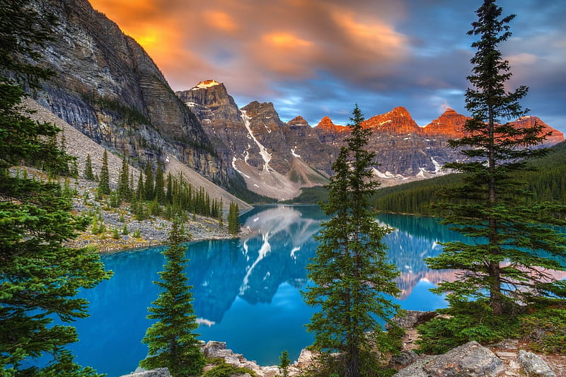 Moraine Lake, Canada, water, mountains, sunset, reflections, clouds, firs, HD wallpaper