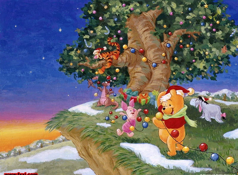 Christmas with Pooh Bear, eeyore, tigger, christmas, snow, decorated tree, piglet, pooh bear, HD wallpaper