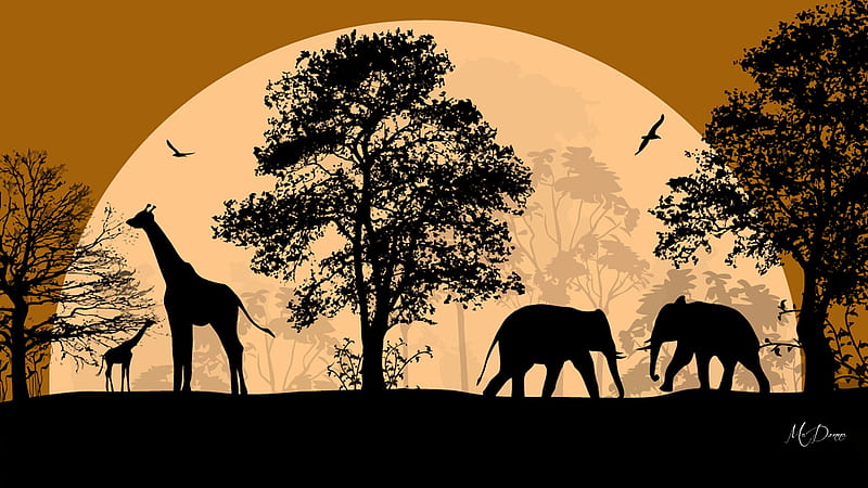 African Moon, elephants, giraffes, Africa, full moon, birds, trees, HD wallpaper