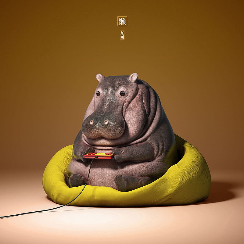 hippo, joystick, art, funny, 3d, HD phone wallpaper