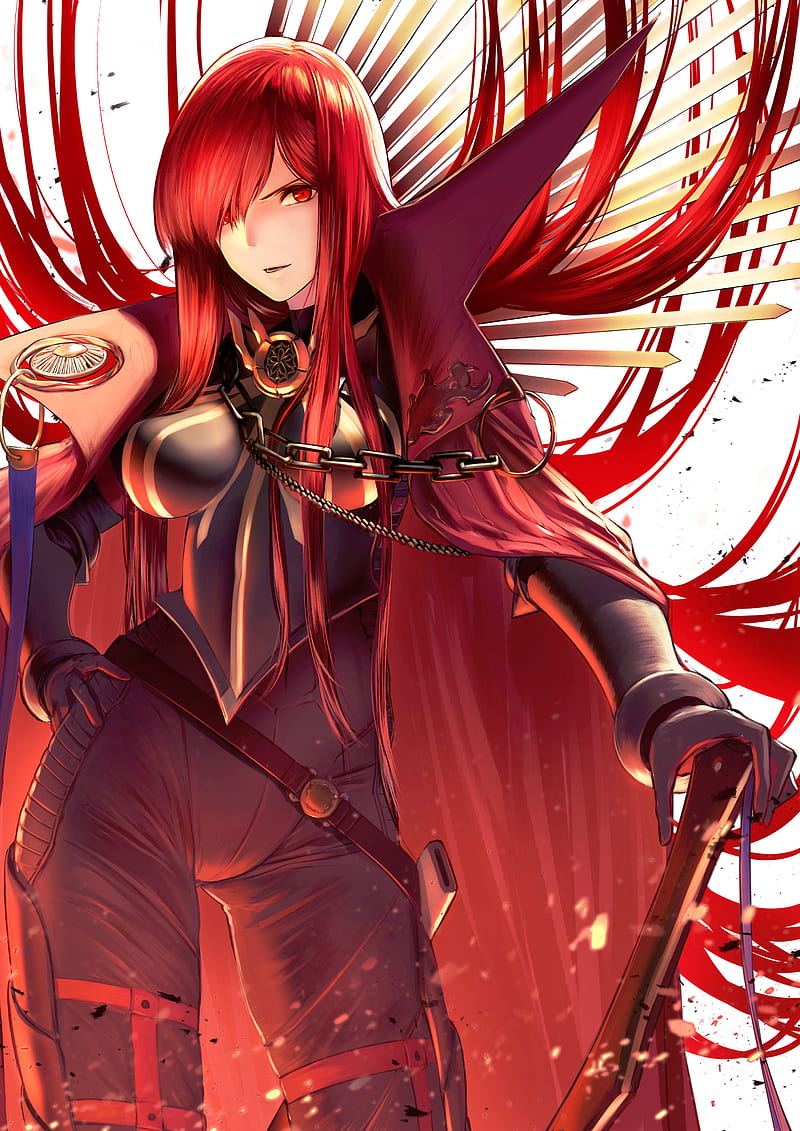 anime girl with red hair and red eyes and sword