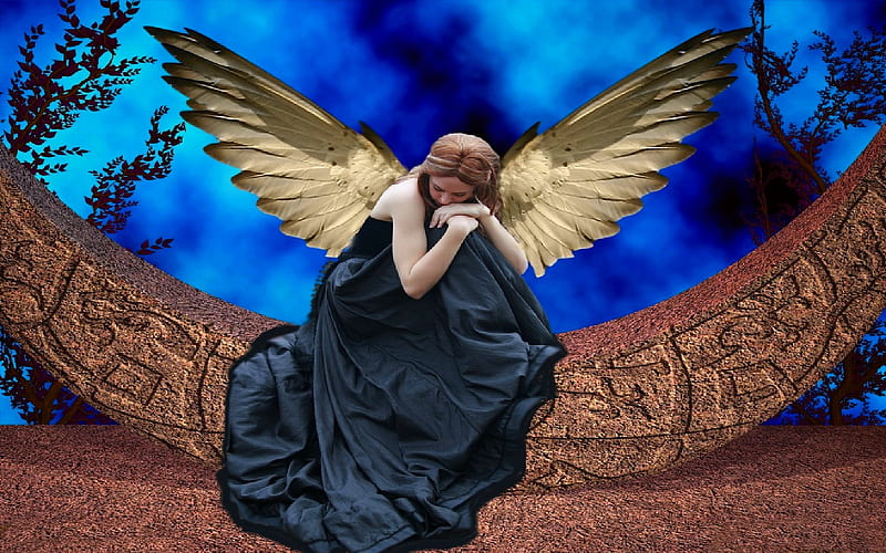 ANGEL PRAYERS, sitting, blue dress, wings, angel, HD wallpaper | Peakpx