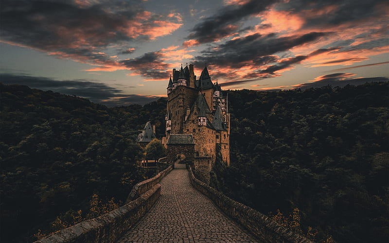 Eltz Castle sunset, forest, Wierschem, Germany, HD wallpaper