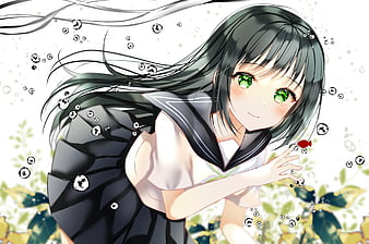 Cute anime girl, school uniform, black hair, green eyes, blushes, Anime, HD  wallpaper | Peakpx