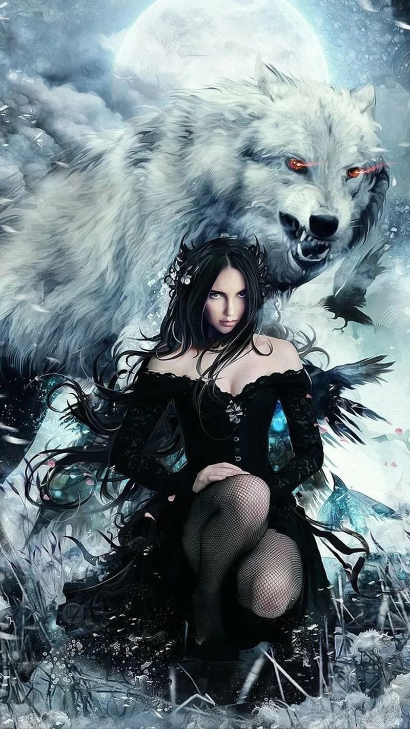 Wolf and cosplay, animal, black dress, fantasy, girl white wolf, HD phone wallpaper
