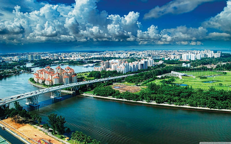 amazing singapore, architecture, river, bridge, houses, HD wallpaper