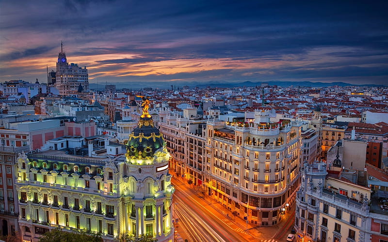 Gran Vía, Madrid, Spain, evening, streets of Madrid, HD wallpaper