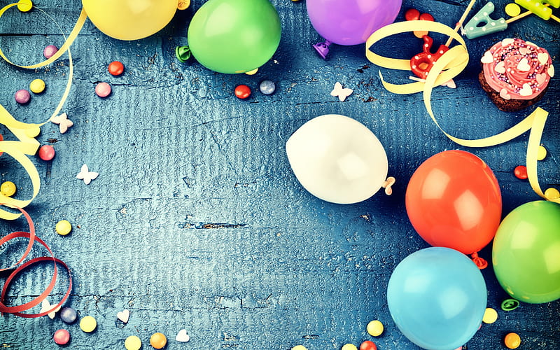 Happy Birtay, colorful balloons, holiday card, Birtay, cakes, decoration, HD wallpaper