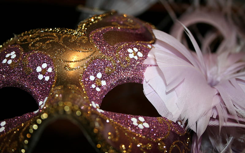 Mask, carnival, feather, glitter, golden, venice, pink, HD wallpaper