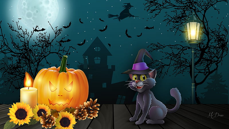 Halloween Eve, bats, haunted house, pine cones, sunflowers, black cat, pumpkin, full moon, Halloween, Firefox Persona theme, HD wallpaper