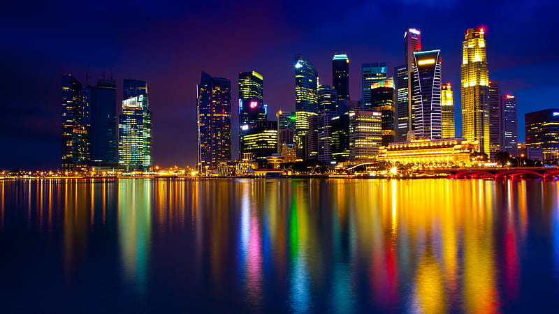 Marina Bay night, panorama, reflection, Singapore, HD wallpaper