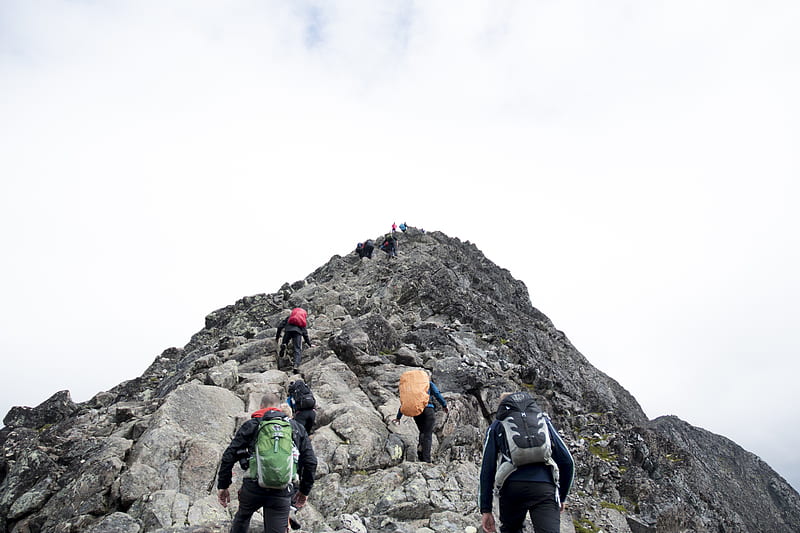 climbers hiking through mountain peak during daytime, HD wallpaper