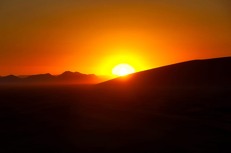 Sunset, Hills, Mountain Silhouette, Dusk, Orange Sky, Landscape, Hd 