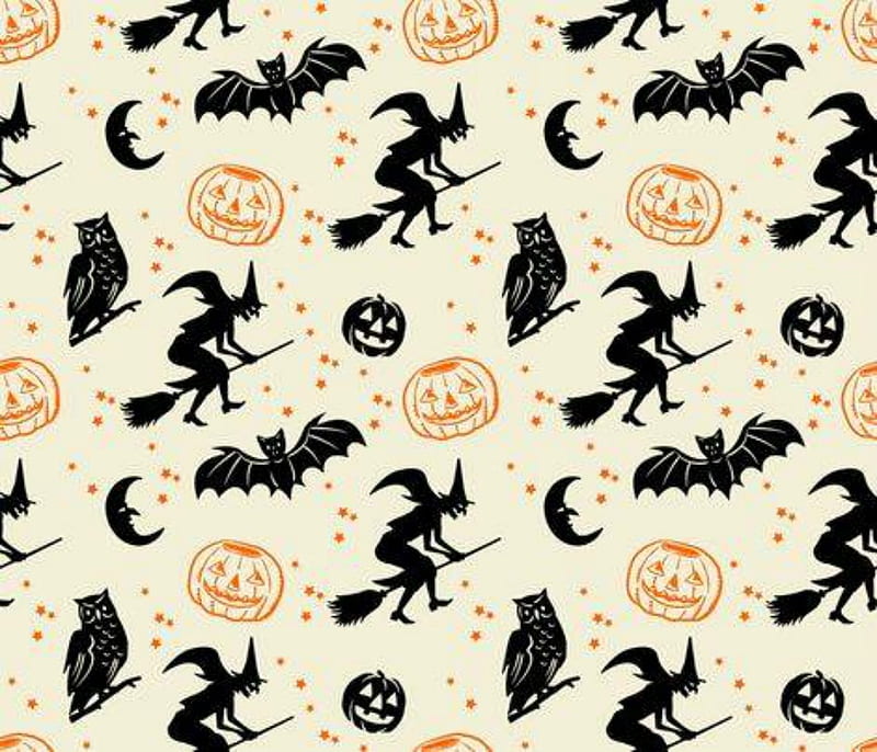Halloween Graphic, pattern, witch, owl, pumpkin, Halloween, HD wallpaper