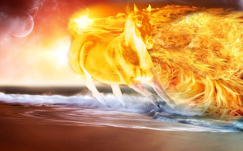 WILDFIRE, beach, fire, fantasy, ocean, horse, HD wallpaper