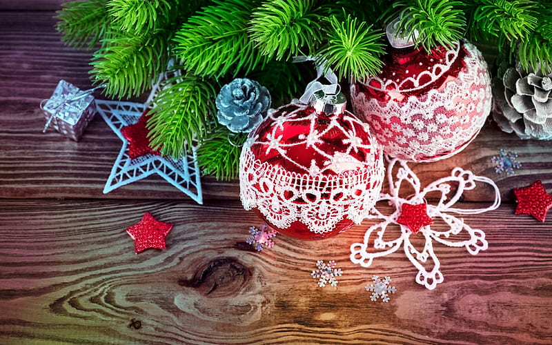 Happy Holidays!, red, deco, craciun, brown, christmas, ball, green, white, star, wood, HD wallpaper