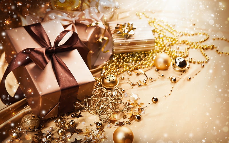 Christmas, gift boxes, Happy New year, glare, beads, Christmas decoration, Happy New Gifts, HD wallpaper
