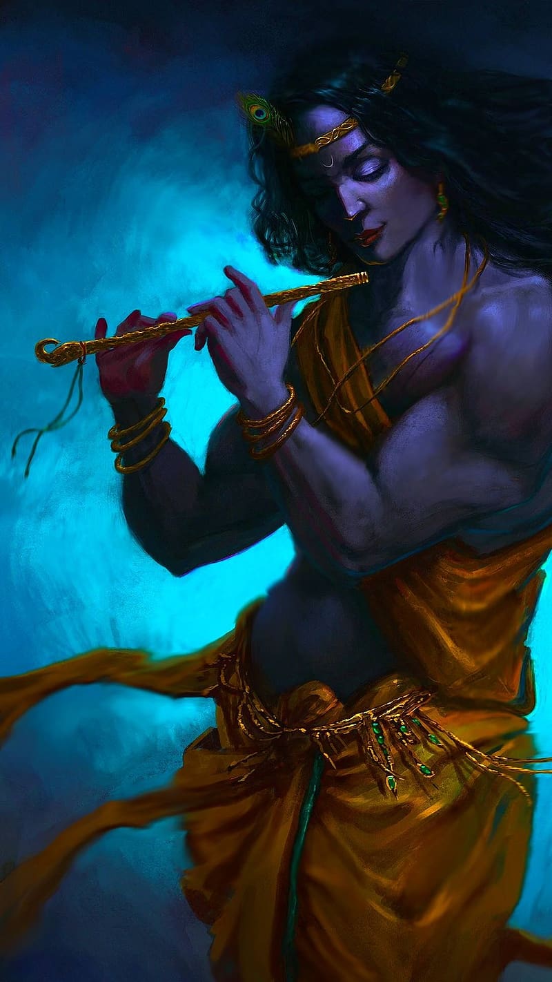 Shree Krishna Playing Flute, sree krishna, krishna playing flute, hindu god, bhakti, devotional, HD phone wallpaper
