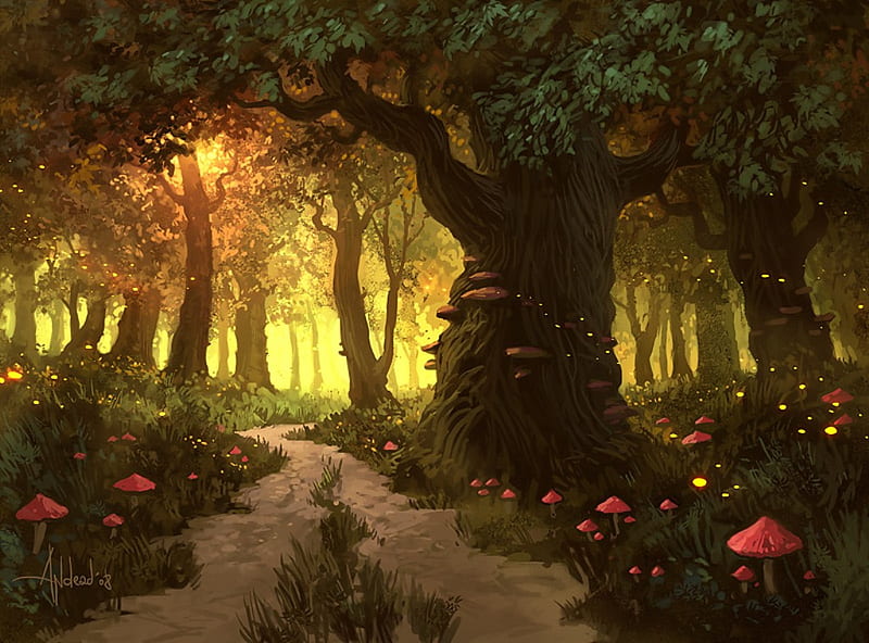 Forest, art, plant, woods, mushroom, abstract, tree, fantasy, anime, drawing, painting, light, night, HD wallpaper