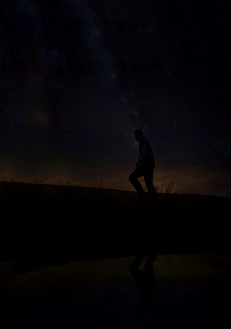 lonely man silhouette, starry sky, night, scenery, Men, HD phone wallpaper