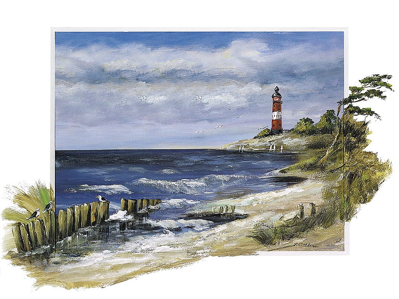 Stormy Morning - Lighthouse F2, art, shore, ocean, katharina schottler, surf, waves, seagulls, artwork, lighthouse, beach, painting, seascape, scenery, schottler, HD wallpaper