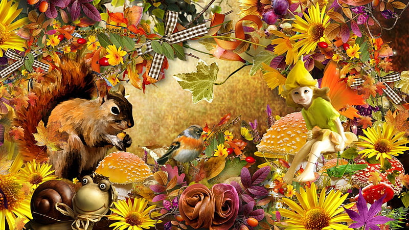 Fall Fun in The Garden, fall, toad stools, flowers, autumn, squirrel, orange, mushroom, ribbons, bows, leaves, gold, gerbera, flowers, fairy, cute, whimsical, bird, garden, daisy, HD wallpaper