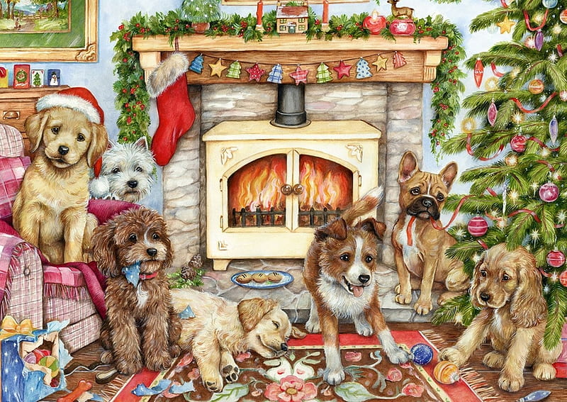 Christmas dogs, art, craciun, christmas, painting, cracihn, room, pictura, puppy, caine, HD wallpaper