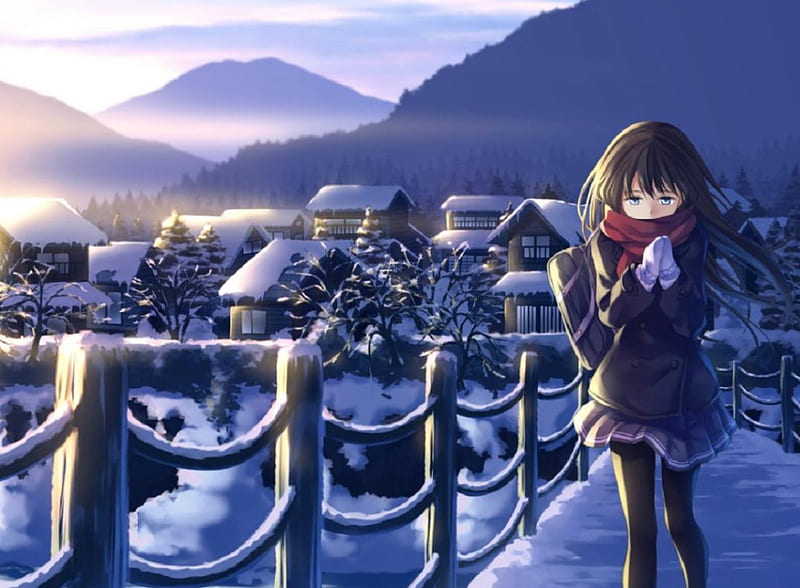 Winter Day, girl, snow, orginal, seifuku, scenery, winter, cold, school ...