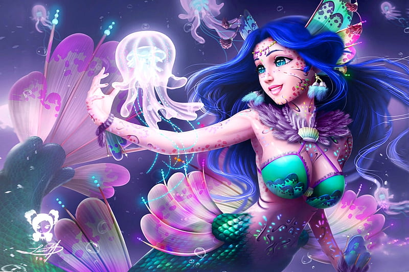 Mermaid With a Jellyfish, pretty, colorful, dreamy, Sealife, Mermaid, ocean, sea, sweet, drawing, magical, jellyfish, HD wallpaper