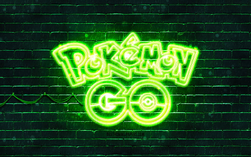 Pokemon Go green emblem green brickwall, Pokemon Go emblem, games brands, Pokemon Go neon emblem, Pokemon Go, HD wallpaper