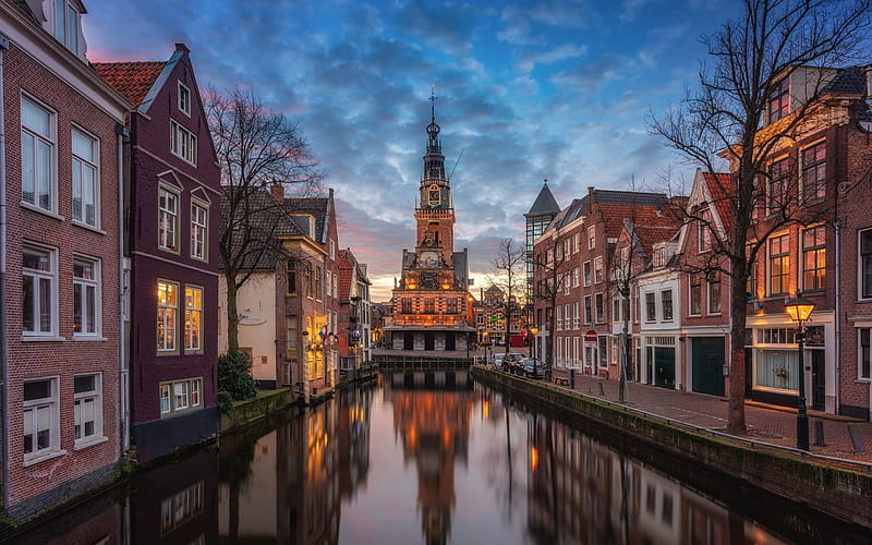 Alkmaar, evening, sunset, chapel, canals, North Holland, Netherlands, HD wallpaper