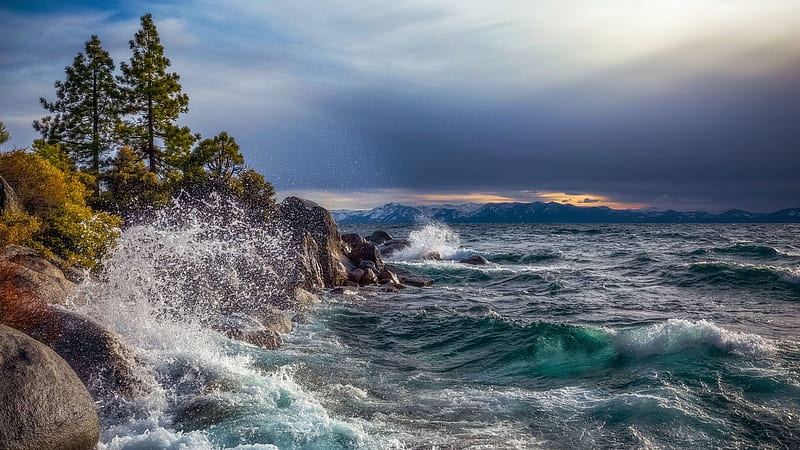 Stormy Weather at Lake Tahoe, California, stones, waves, clouds, rochs, trees, sky, usa, HD wallpaper