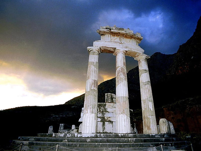 Remains of the Rich Greek Ancient Culture, pillars, mountain, tempel, ruin, sky, HD wallpaper
