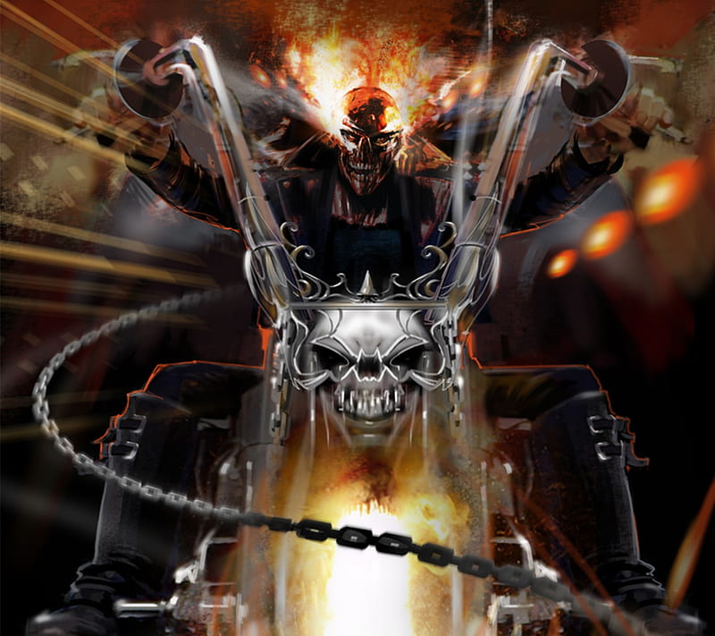 Ghost rider, bike, drawn, fire, flame, game, horror, scary, skull, HD wallpaper