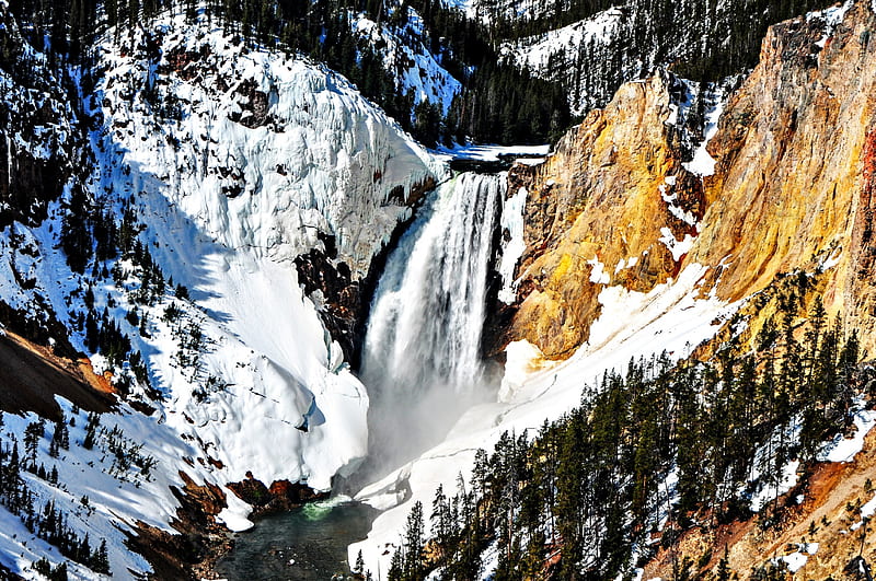 Lower Falls - Yellowstone National Park, Lower Falls, Mountains, waterfall, Yellowstone National Park, winter, HD wallpaper