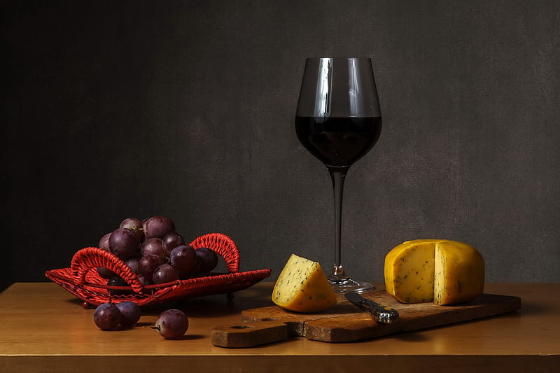 Still Life, board, grapes, cutting, food, wine, cheeses, HD wallpaper