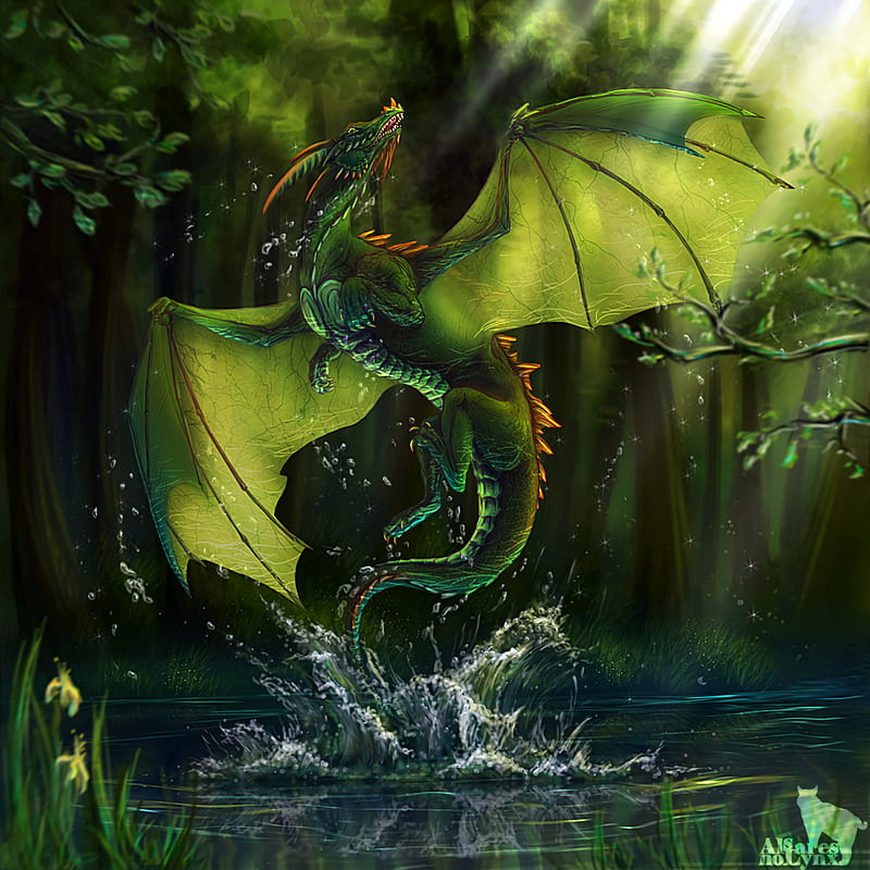 dragon, lake, forest, water, art, HD phone wallpaper