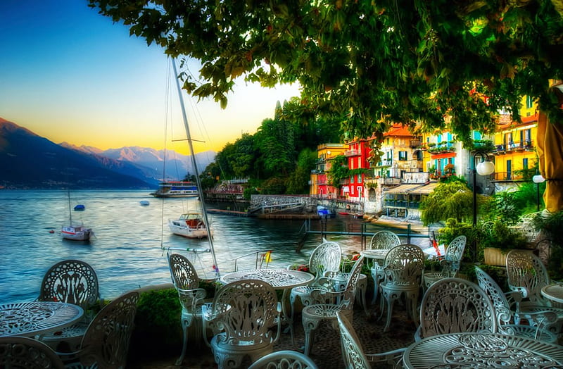 Dining by the Lake Como, water, tables, restaurant, houses, chairs, sunset, HD wallpaper