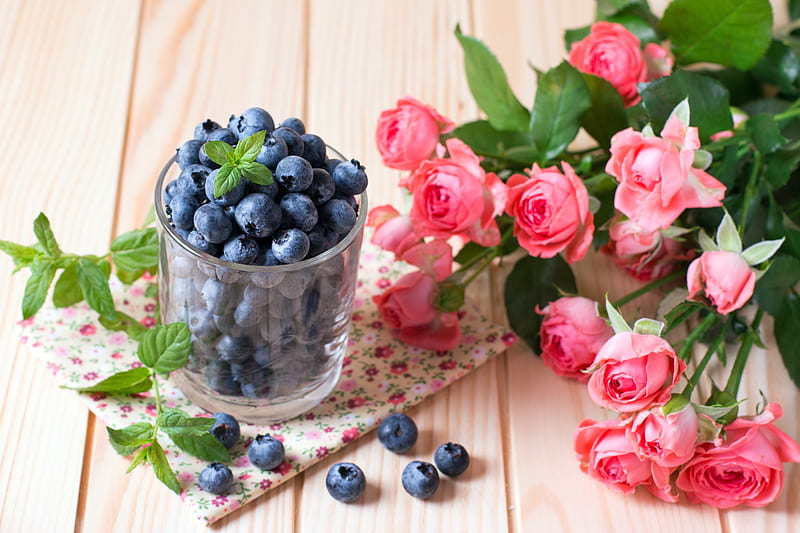 Food, Blueberry, Berry, Flower, Fruit, Glass, Rose, Still Life, HD wallpaper