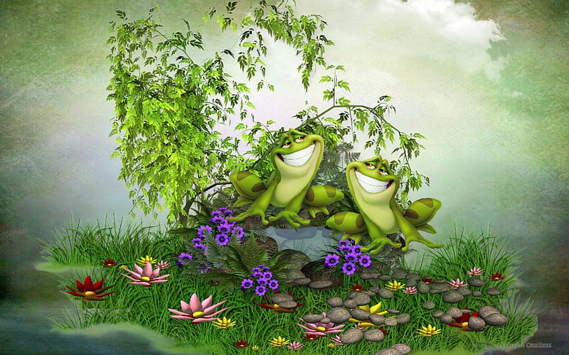 Frogs a Courtin, grass, rock, yellow, clouds, green, love, flowers, pink, frogs, sky, cartoon, trees, abstract, mist, cute, purple, courting, HD wallpaper
