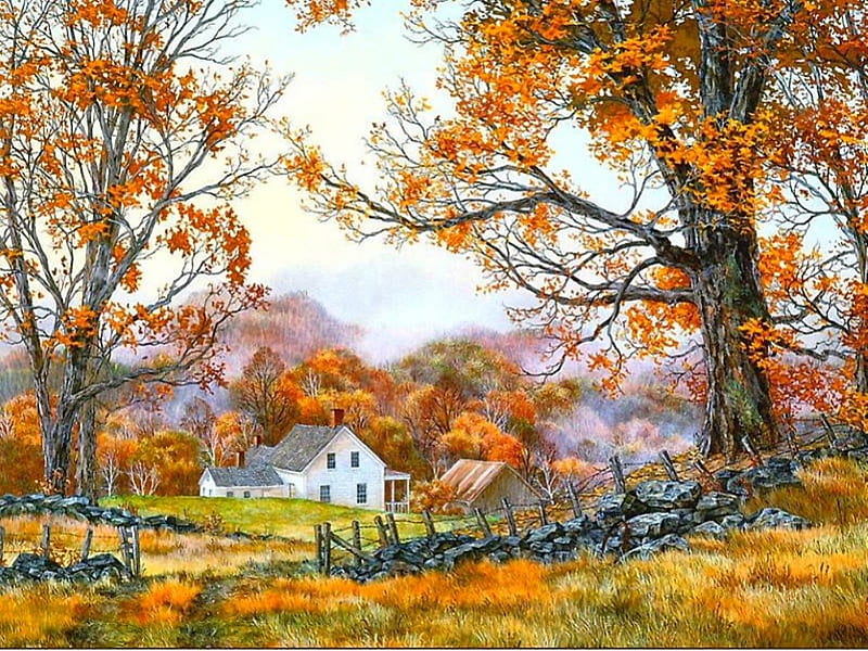Farmhouse in autumn, farm, colorful, autumn, house, splendor, nature, trees, HD wallpaper