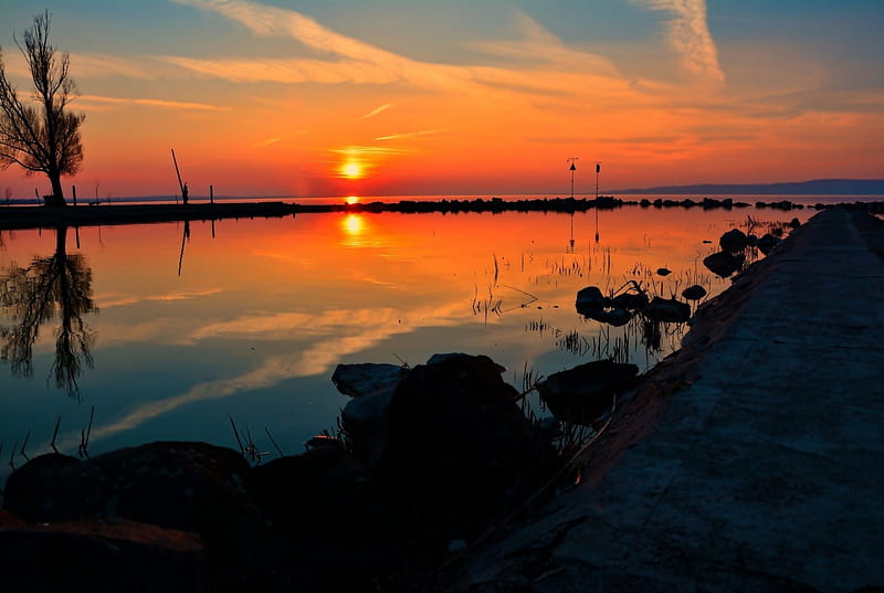 Lake Balaton, sunset, reflection, clouds, lake, Nature, HD wallpaper