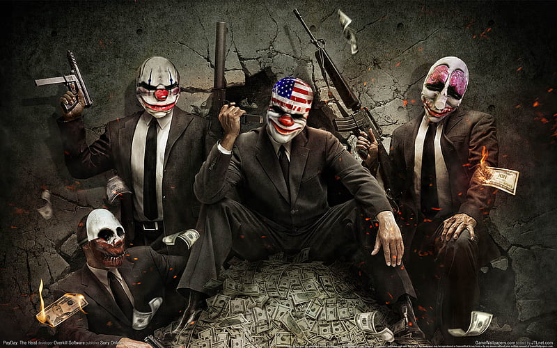The Heist, money joker, video game, adventure, payday, robbers, crime, payday- the heist, weapon, criminal, HD wallpaper