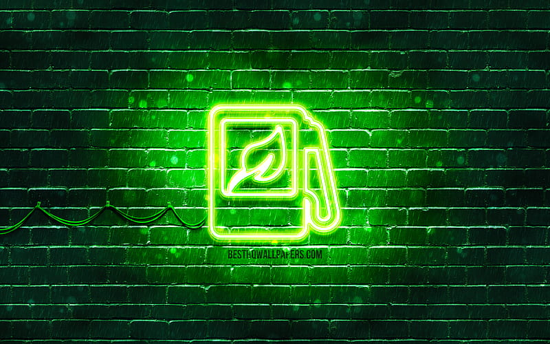 Ecological Fuel Station neon icon green background, neon symbols, Ecological Fuel Station, neon icons, Ecological Fuel Station sign, transport signs, Ecological Fuel Station icon, transport icons, HD wallpaper
