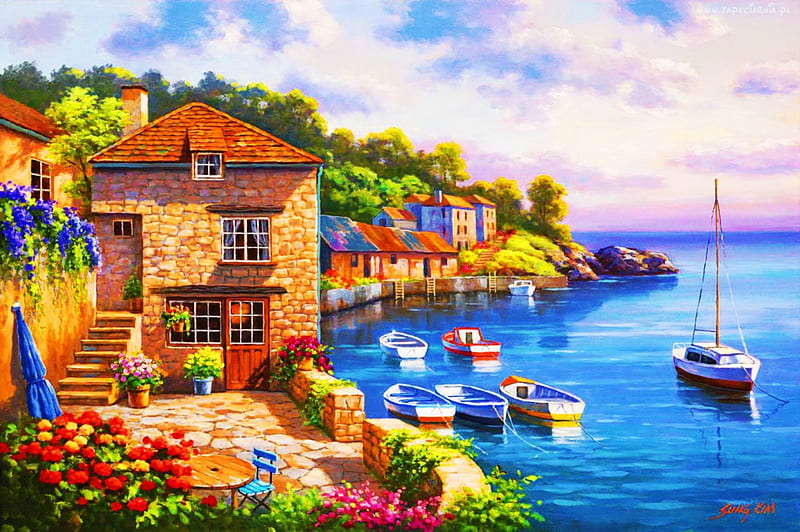 Mediterranean Summer, boats, water, houses, stairs, artwork, sea, HD wallpaper