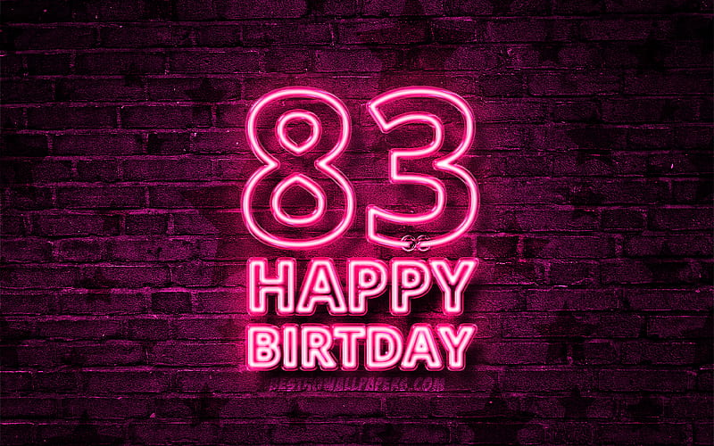 Happy 83 Years Birtay purple neon text, 83rd Birtay Party, purple brickwall, Happy 83rd birtay, Birtay concept, Birtay Party, 83rd Birtay, HD wallpaper
