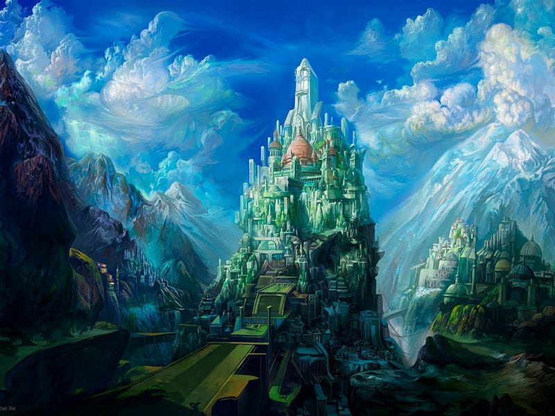 Fantasy World, hues, bonito, clouds, fantasy color, surreal, dream, blue, fantastic, abstract, tints, castles, mountains, aquamarine, awesome, castle, HD wallpaper