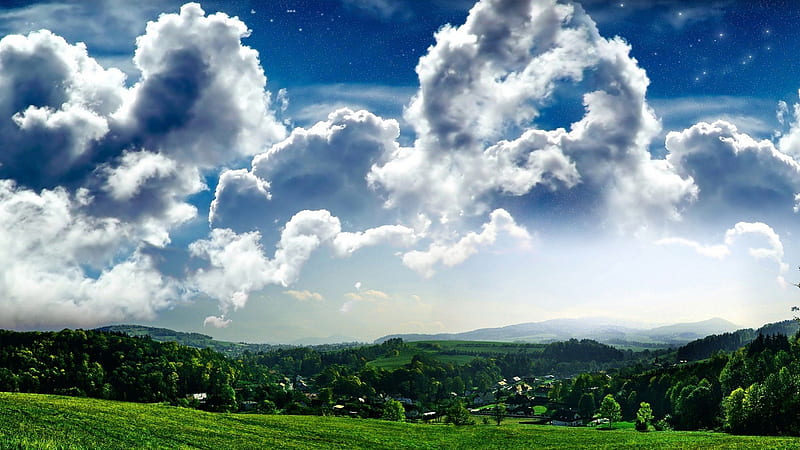 unbelievable beautiful summer day, stars, vallet, grass, village, clouds, HD wallpaper