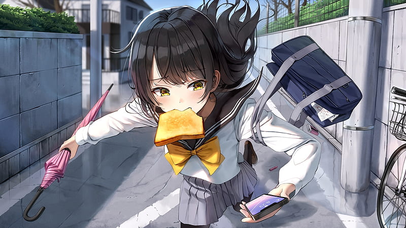 anime school girl, running, late, umbrella, bread, Anime, HD wallpaper